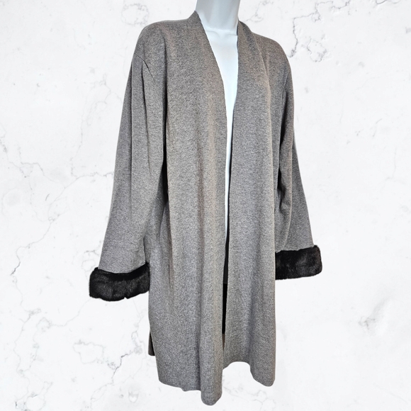 New Kasper Grey Knit Faux Fur Trim Longline Duster Cardigan Plus Sweater - Picture 6 of 11